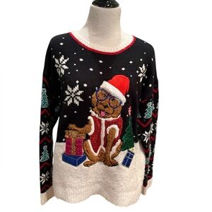 Ugly Christmas Sweater 90s Blizzard Bay Festive Women Santa Dog Black Sweater L